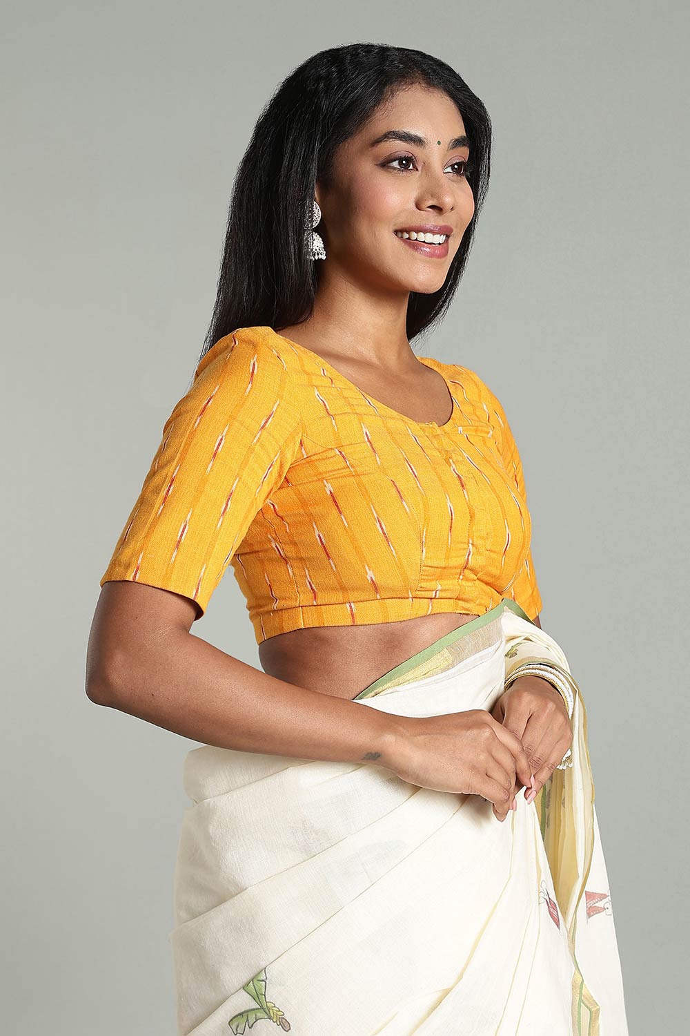 Naidu Hall Women’s Cotton Ikat Blouse – U-Neck Princess Cut Designer Saree Blouse with Elbow Sleeves - Orange Yellow - BU17