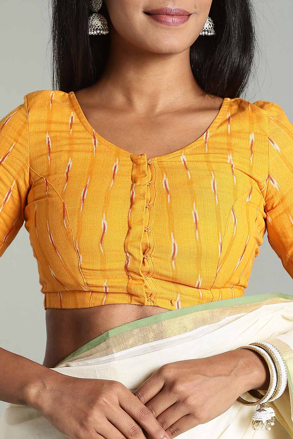 Naidu Hall Women’s Cotton Ikat Blouse – U-Neck Princess Cut Designer Saree Blouse with Elbow Sleeves - Orange Yellow - BU17