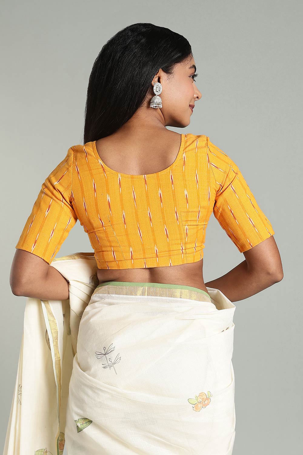 Naidu Hall Women’s Cotton Ikat Blouse – U-Neck Princess Cut Designer Saree Blouse with Elbow Sleeves - Orange Yellow - BU17