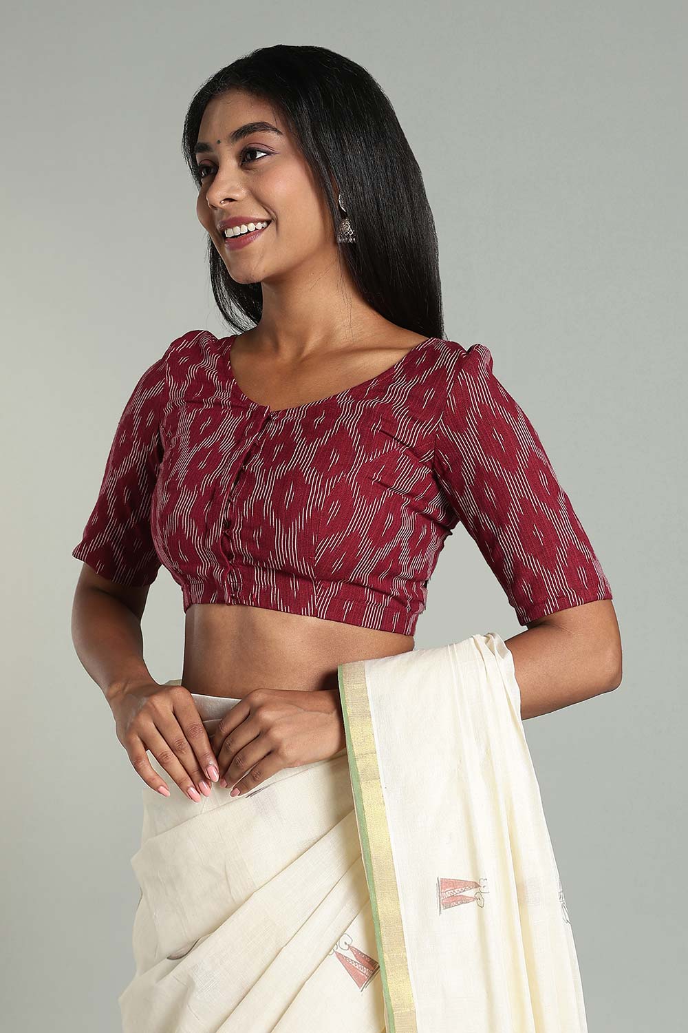 Naidu Hall Women’s Cotton Ikat Blouse – U-Neck Princess Cut Designer Saree Blouse with Elbow Sleeves - Bright Maroon - BU17
