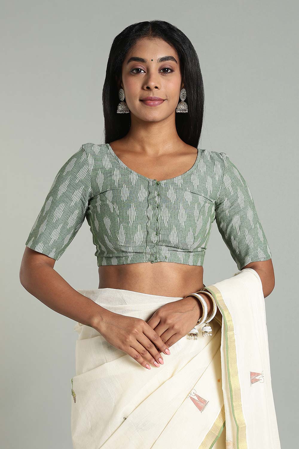 Naidu Hall Women’s Cotton Ikat Blouse – U-Neck Princess Cut Designer Saree Blouse with Elbow Sleeves - Olive Green - BU17