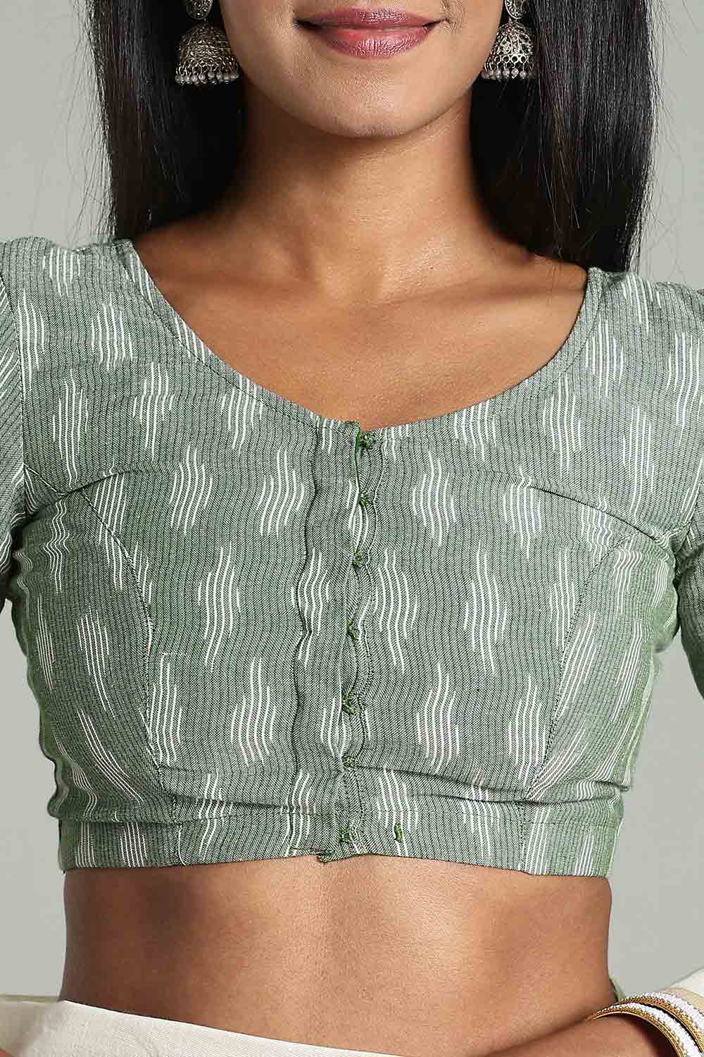 Naidu Hall Women’s Cotton Ikat Blouse – U-Neck Princess Cut Designer Saree Blouse with Elbow Sleeves - Olive Green - BU17