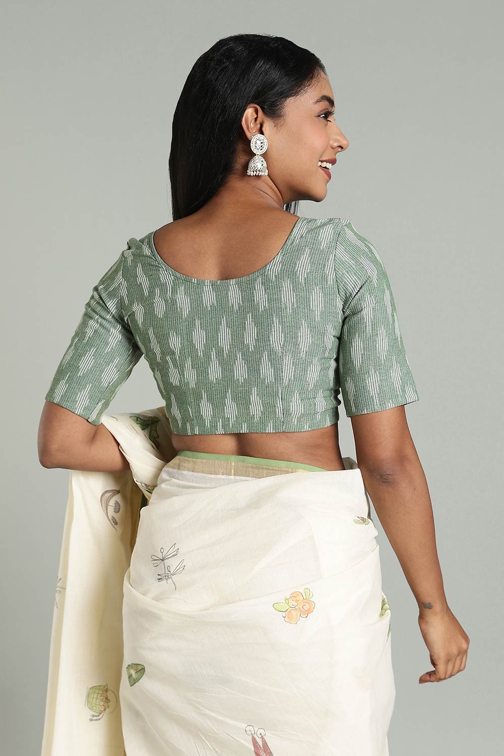 Naidu Hall Women’s Cotton Ikat Blouse – U-Neck Princess Cut Designer Saree Blouse with Elbow Sleeves - Olive Green - BU17