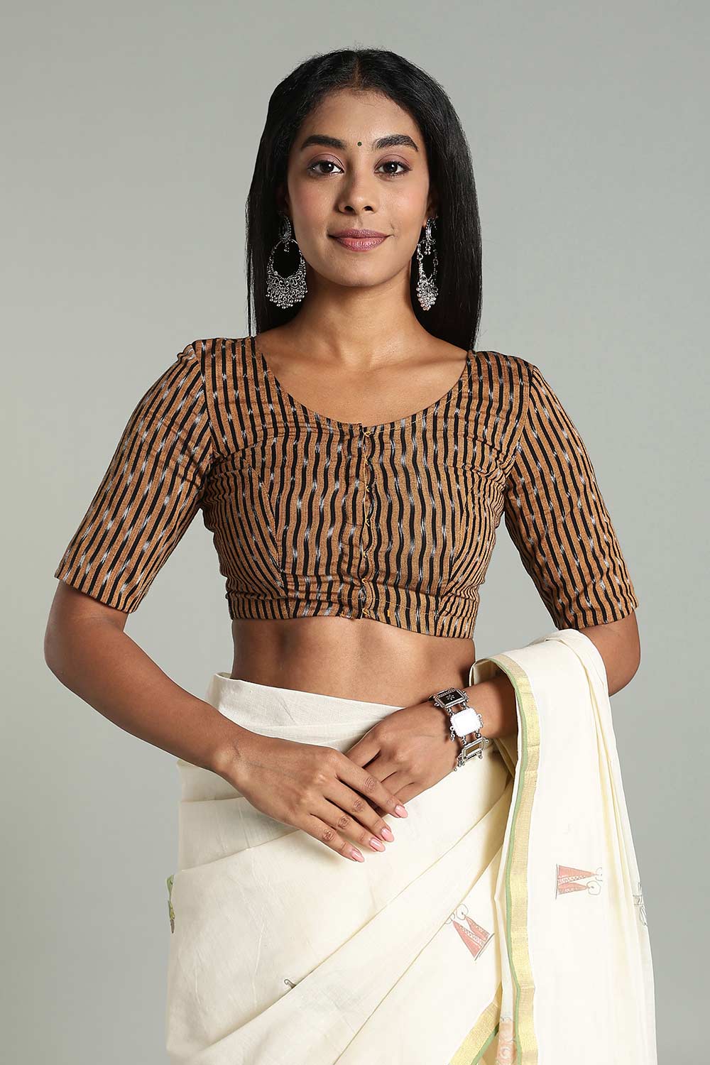 Naidu Hall Women’s Cotton Ikat Blouse – U-Neck Princess Cut Designer Saree Blouse with Elbow Sleeves - Golden Yellow - BU17