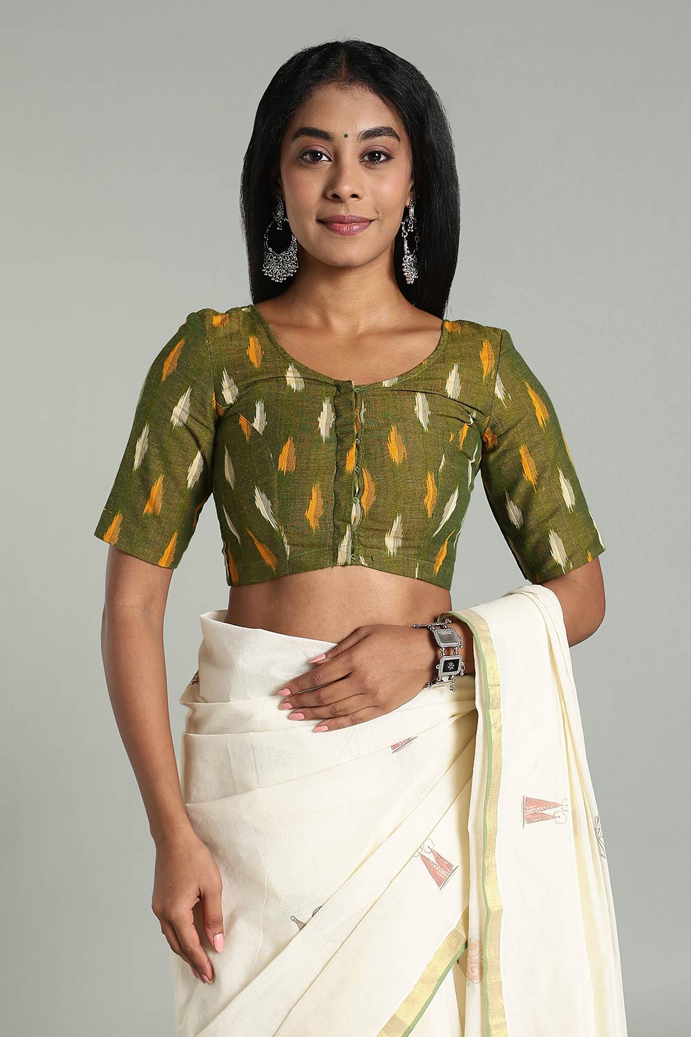Naidu Hall Women’s Cotton Ikat Blouse – U-Neck Princess Cut Designer Saree Blouse with Elbow Sleeves - Dark Green - BU17