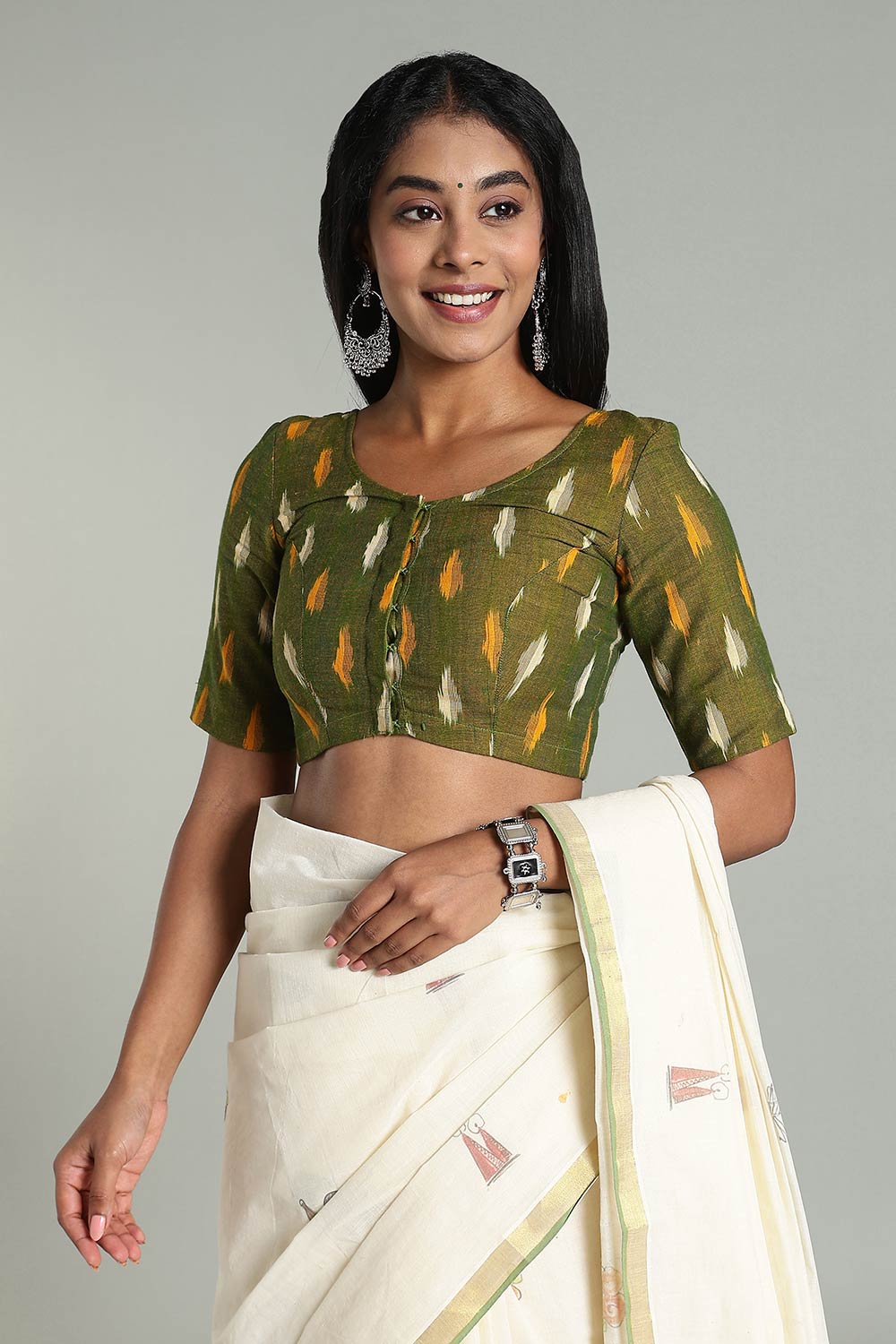 Naidu Hall Women’s Cotton Ikat Blouse – U-Neck Princess Cut Designer Saree Blouse with Elbow Sleeves - Dark Green - BU17