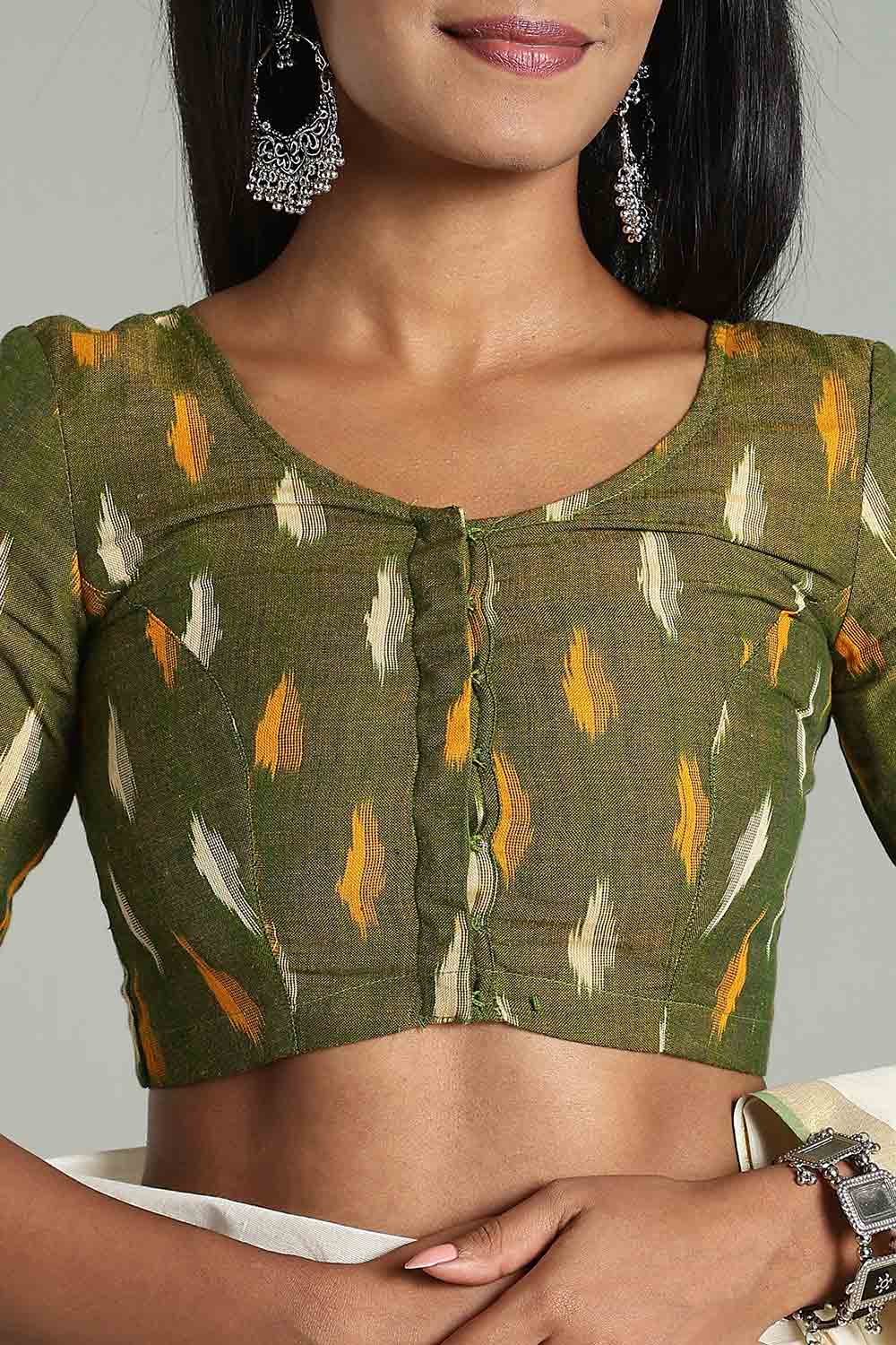 Naidu Hall Women's Cotton Ikat Blouse – U-Neck Princess Cut Designer Saree Blouse with Elbow Sleeves - Dark Green - BU17