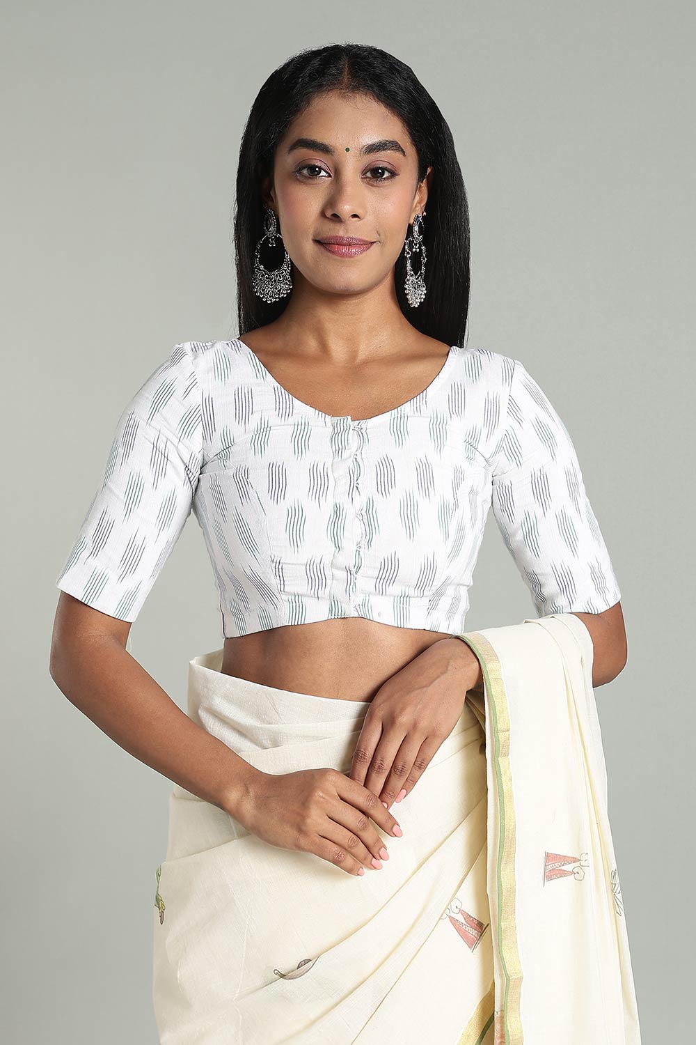 Naidu Hall Women’s Cotton Ikat Blouse – U-Neck Princess Cut Designer Saree Blouse with Elbow Sleeves - White - BU17