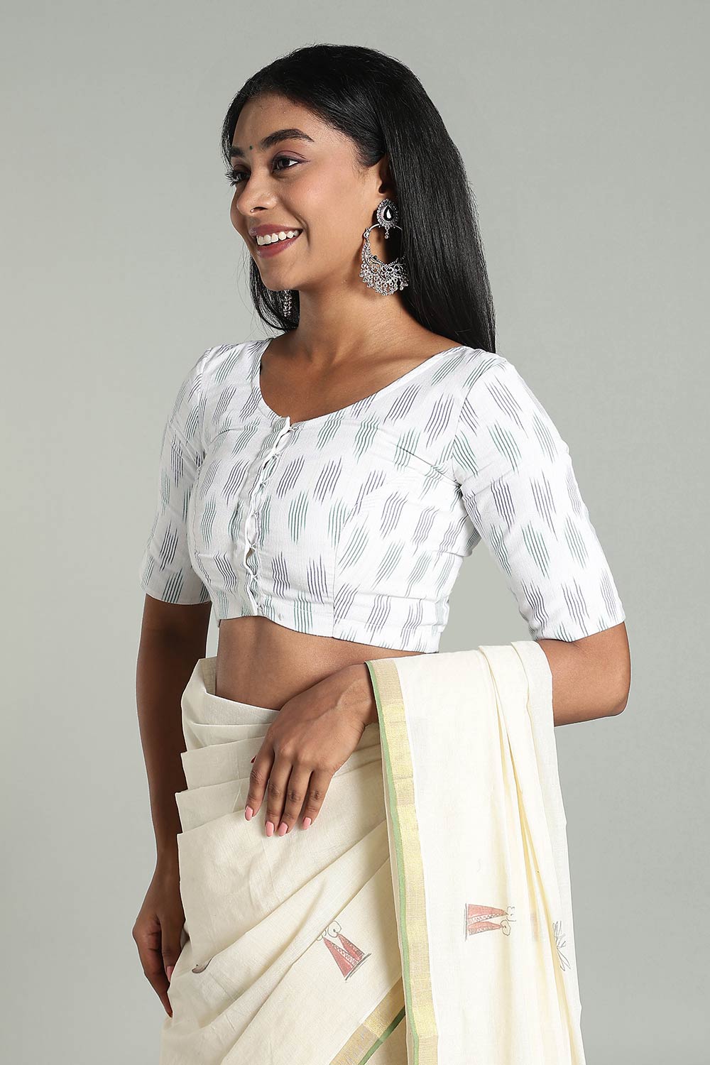 Naidu Hall Women’s Cotton Ikat Blouse – U-Neck Princess Cut Designer Saree Blouse with Elbow Sleeves - White - BU17