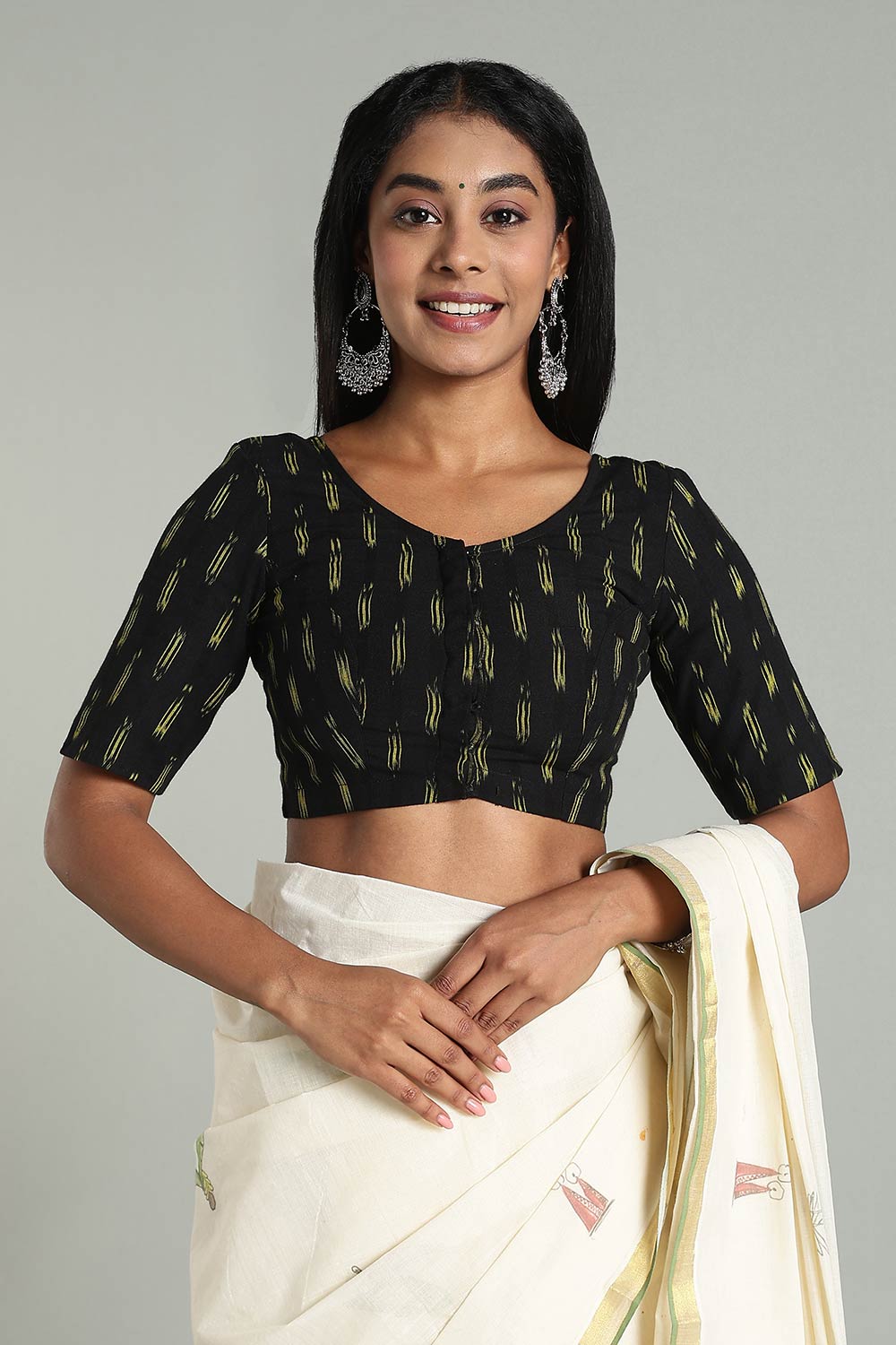 Naidu Hall Women’s Cotton Ikat Blouse – U-Neck Princess Cut Designer Saree Blouse with Elbow Sleeves - Black Olive - BU17