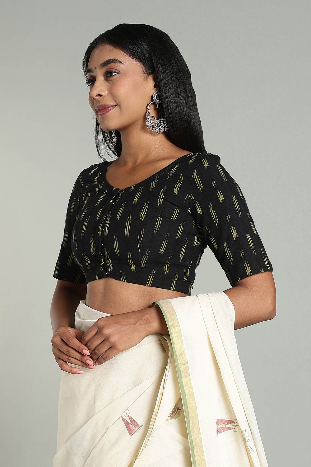 Naidu Hall Women’s Cotton Ikat Blouse – U-Neck Princess Cut Designer Saree Blouse with Elbow Sleeves - Black Olive - BU17