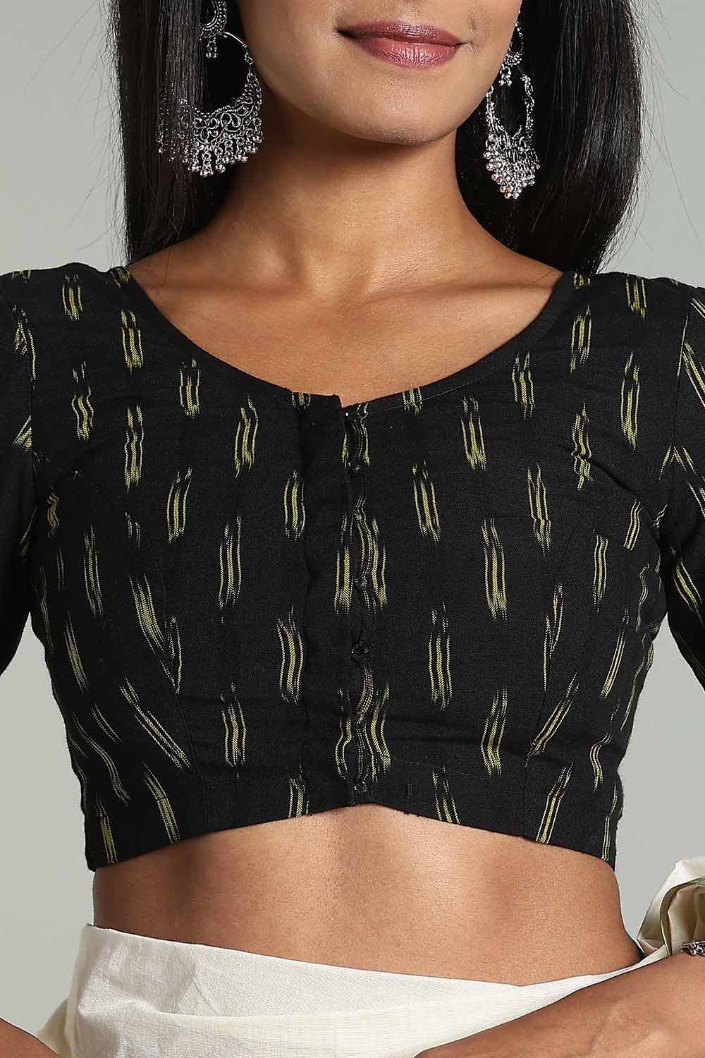 Naidu Hall Women’s Cotton Ikat Blouse – U-Neck Princess Cut Designer Saree Blouse with Elbow Sleeves - Black Olive - BU17