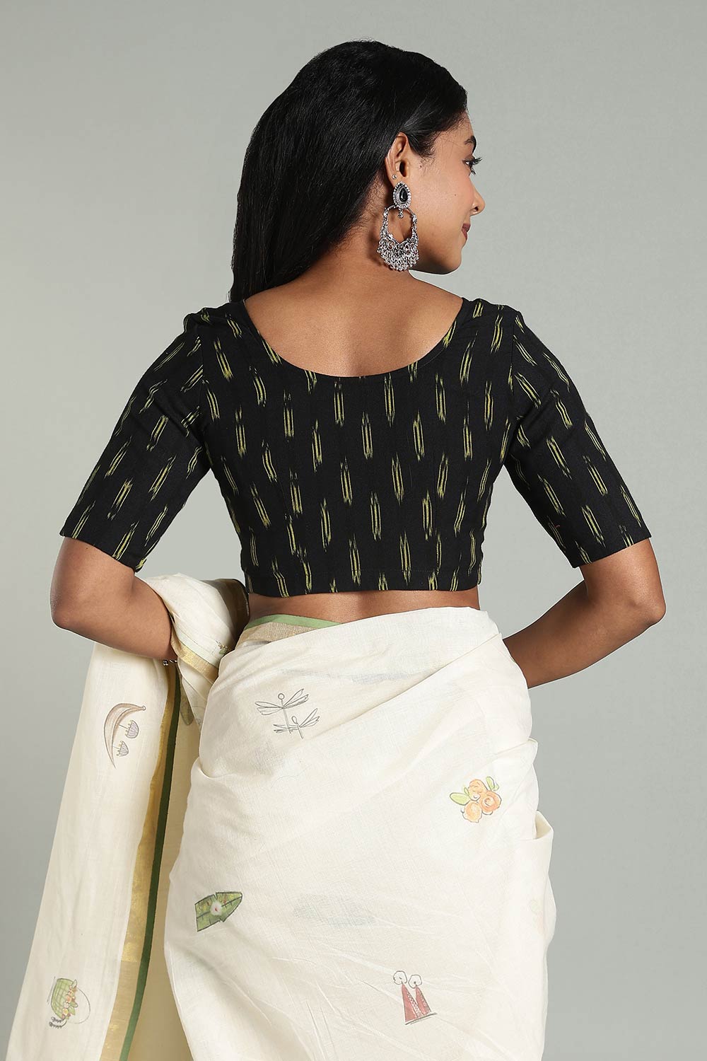 Naidu Hall Women’s Cotton Ikat Blouse – U-Neck Princess Cut Designer Saree Blouse with Elbow Sleeves - Black Olive - BU17