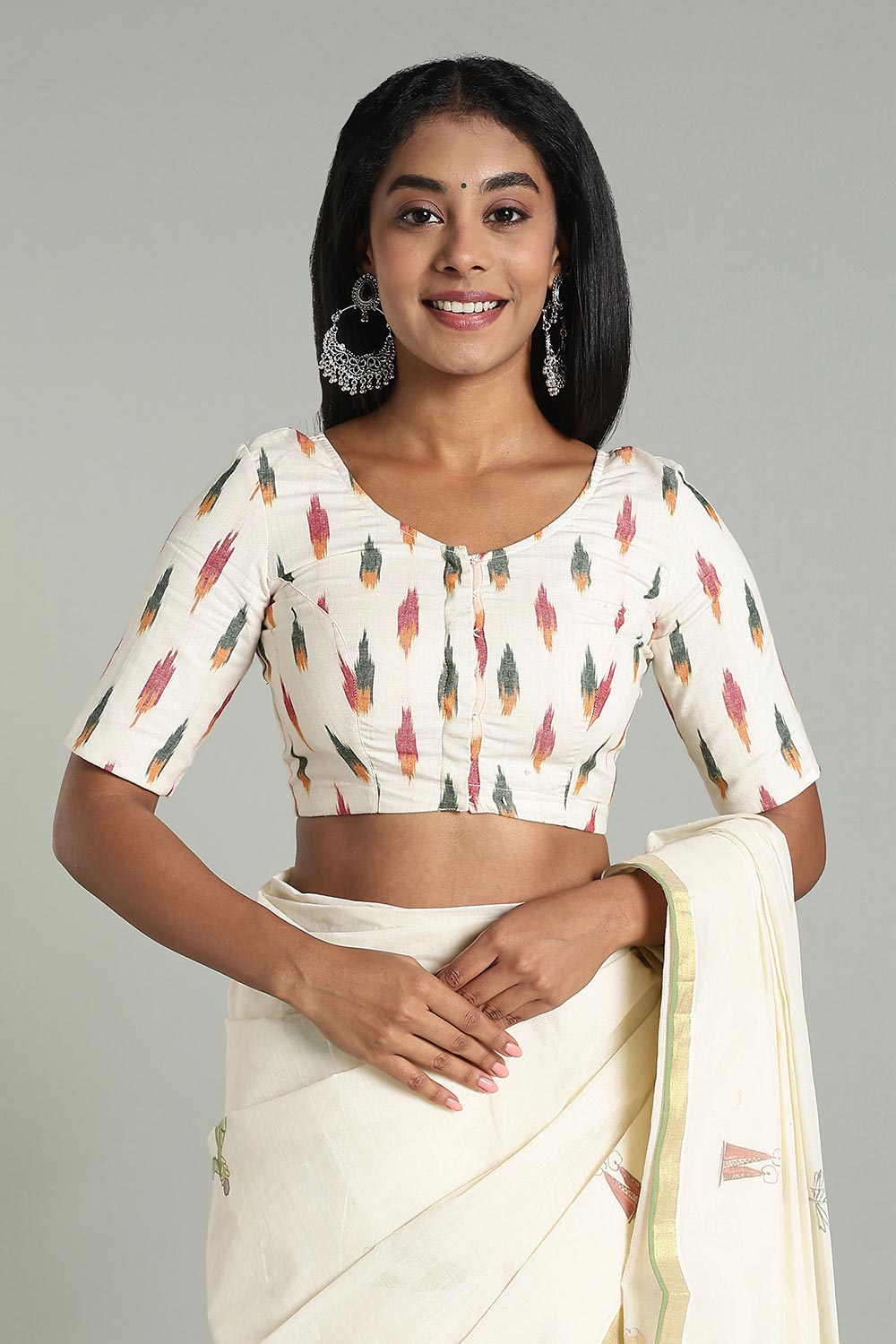 Naidu Hall Women’s Cotton Ikat Blouse – U-Neck Princess Cut Designer Saree Blouse with Elbow Sleeves - Cream - BU17