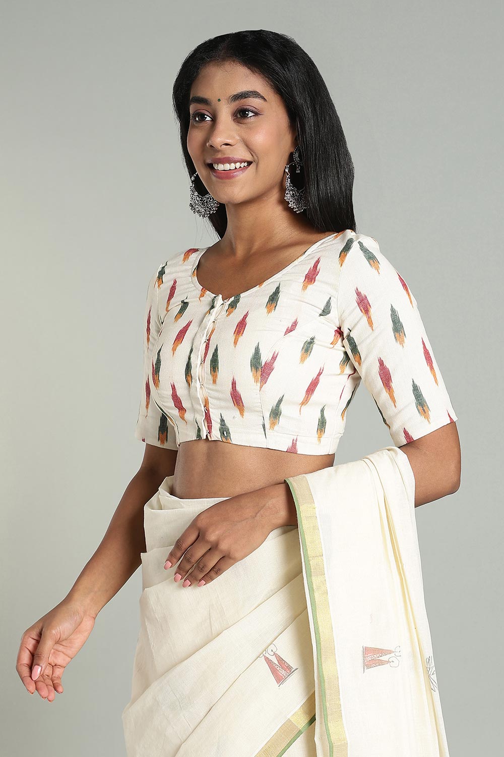 Naidu Hall Women’s Cotton Ikat Blouse – U-Neck Princess Cut Designer Saree Blouse with Elbow Sleeves - Cream - BU17