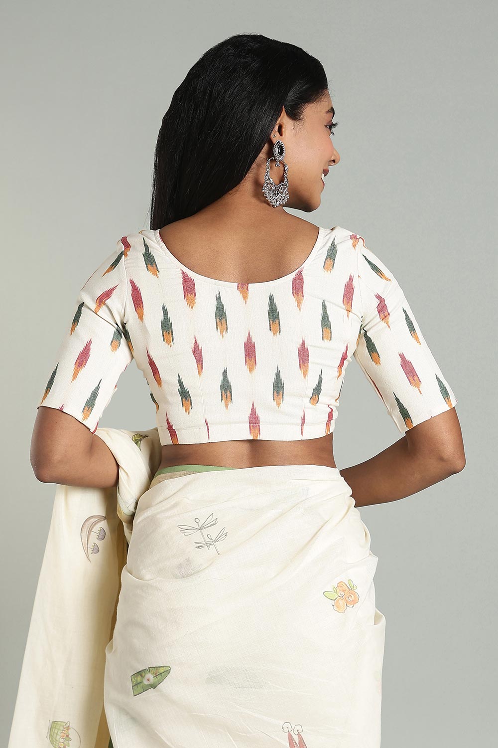 Naidu Hall Women's Cotton Ikat Blouse – U-Neck Princess Cut Designer Saree Blouse with Elbow Sleeves - Cream - BU17