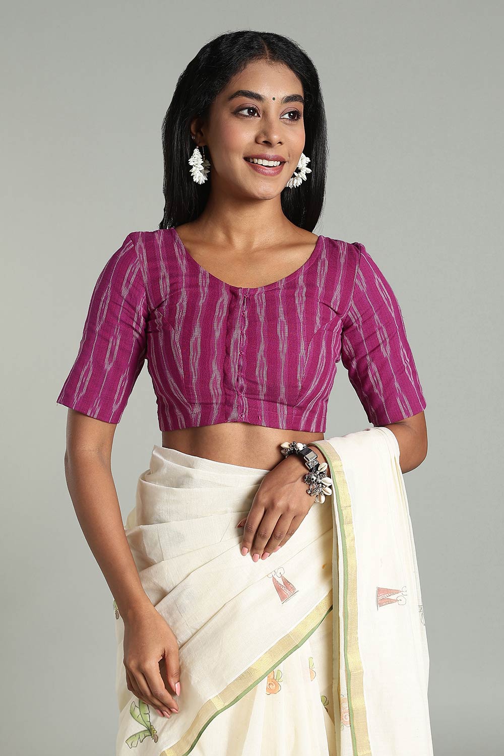 Naidu Hall Women’s Cotton Ikat Blouse – U-Neck Princess Cut Designer Saree Blouse with Elbow Sleeves - Magenda - BU17
