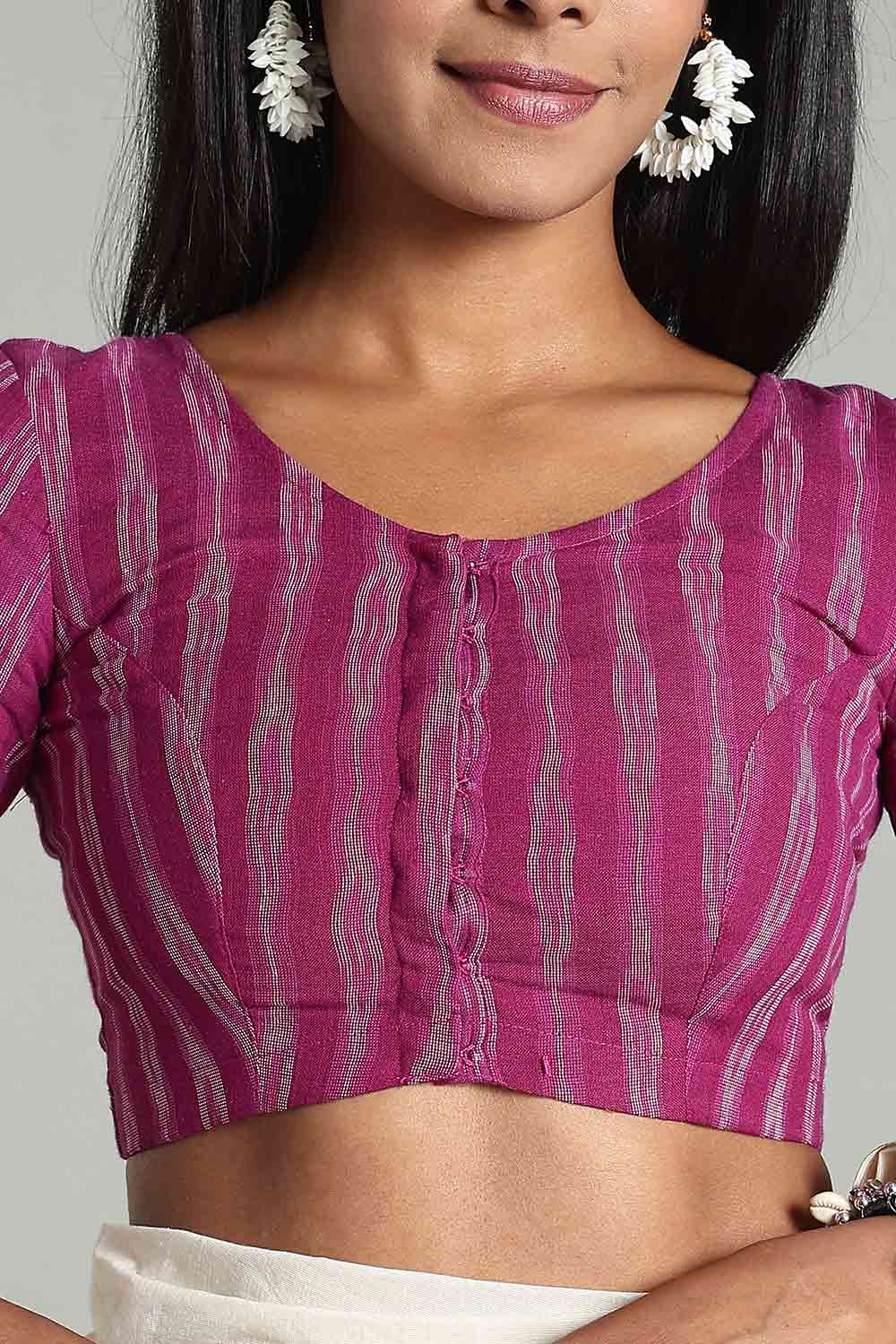 Naidu Hall Women’s Cotton Ikat Blouse – U-Neck Princess Cut Designer Saree Blouse with Elbow Sleeves - Magenda - BU17
