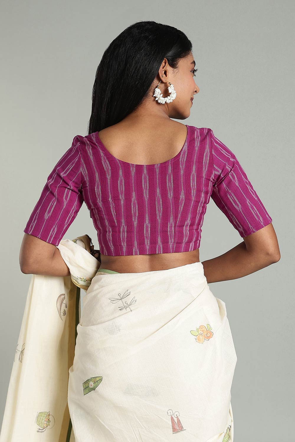 Naidu Hall Women’s Cotton Ikat Blouse – U-Neck Princess Cut Designer Saree Blouse with Elbow Sleeves - Magenda - BU17