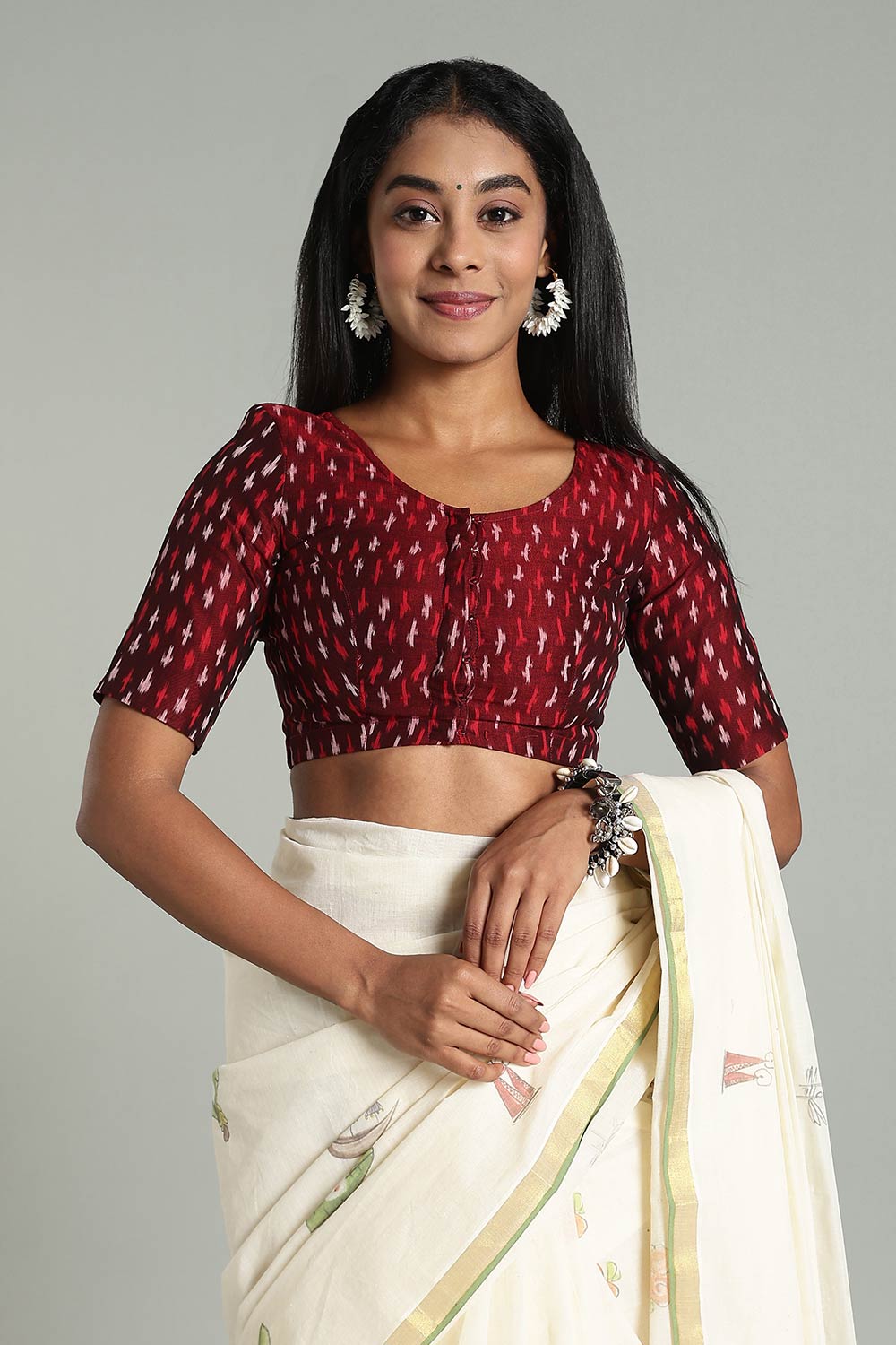 Naidu Hall Women’s Cotton Ikat Blouse – U-Neck Princess Cut Designer Saree Blouse with Elbow Sleeves - Red - BU17