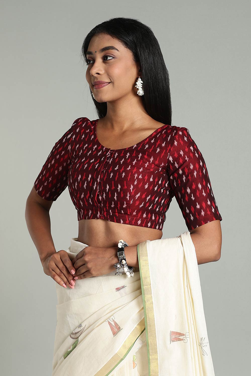 Naidu Hall Women’s Cotton Ikat Blouse – U-Neck Princess Cut Designer Saree Blouse with Elbow Sleeves - Red - BU17