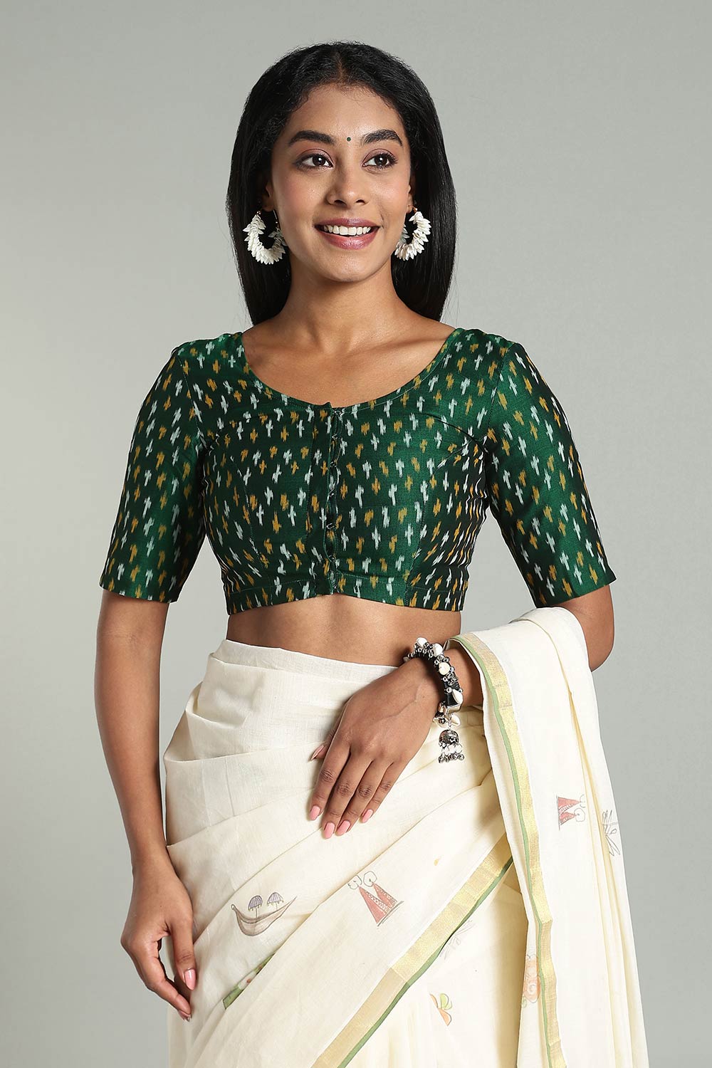 Naidu Hall Women’s Cotton Ikat Blouse – U-Neck Princess Cut Designer Saree Blouse with Elbow Sleeves - Bottle Green - BU17