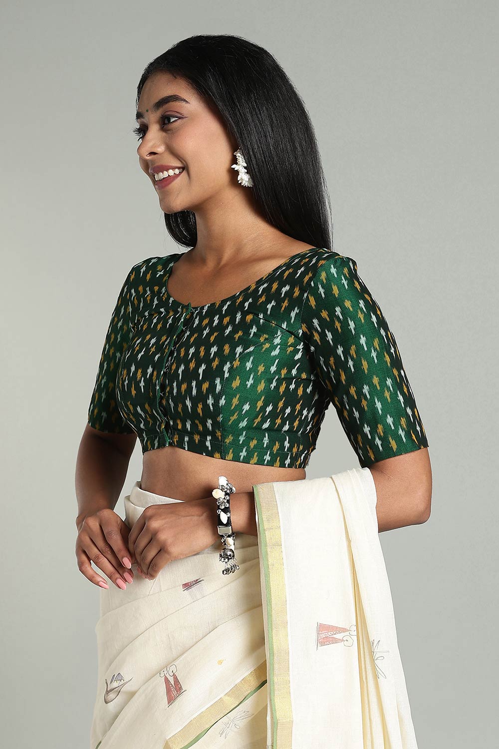 Naidu Hall Women’s Cotton Ikat Blouse – U-Neck Princess Cut Designer Saree Blouse with Elbow Sleeves - Bottle Green - BU17