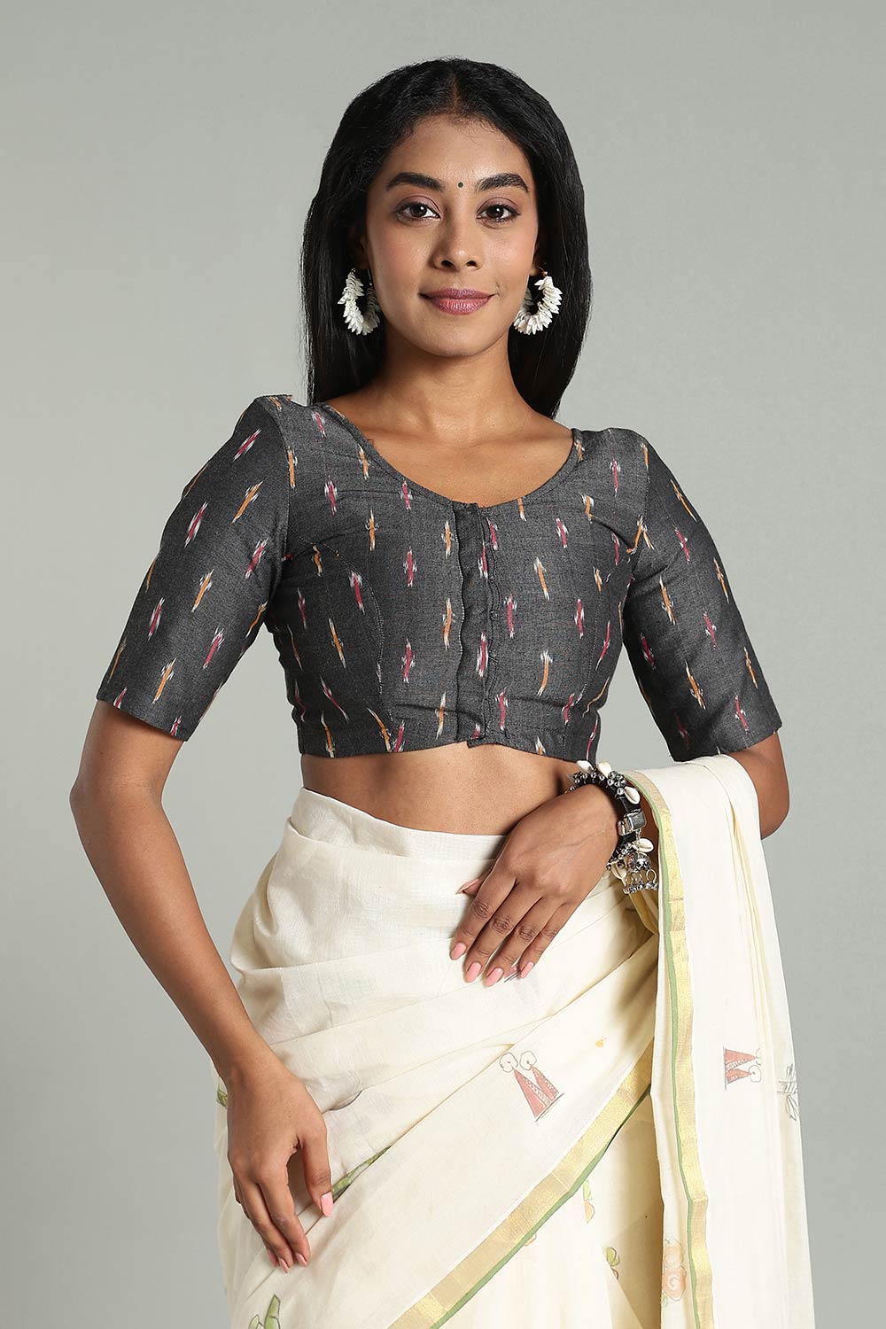 Naidu Hall Women’s Cotton Ikat Blouse – U-Neck Princess Cut Designer Saree Blouse with Elbow Sleeves - Black Print-1 - BU17