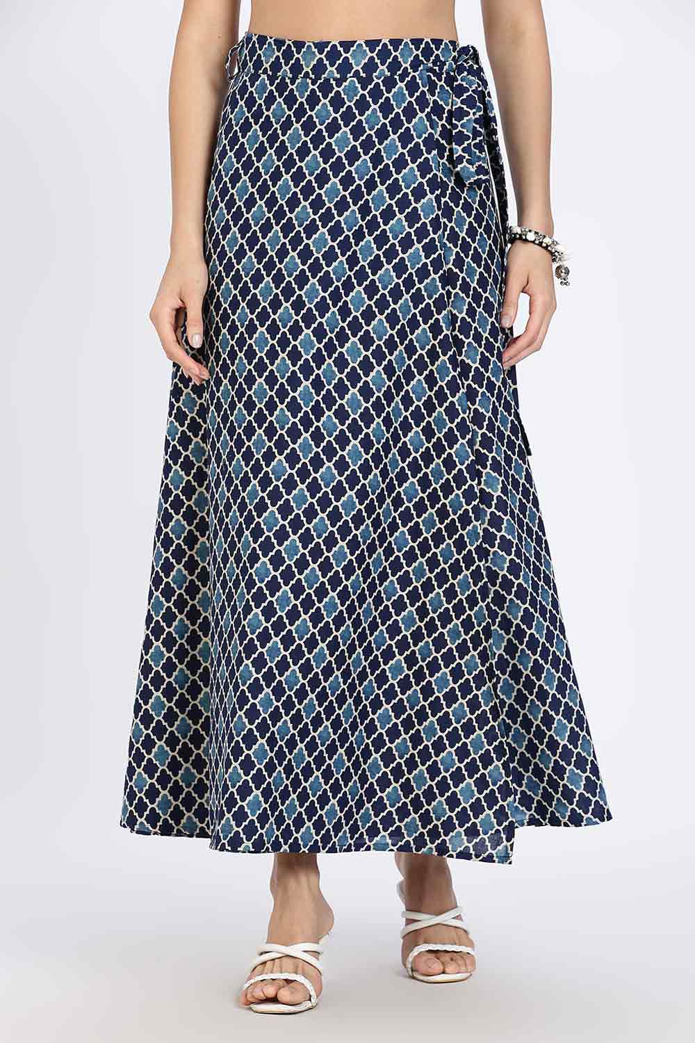 Mythri Women’s Wrap Skirt | Moroccan Geometric Printed Cotton Blend with Tie-Up Closure - Blue Print - SK07