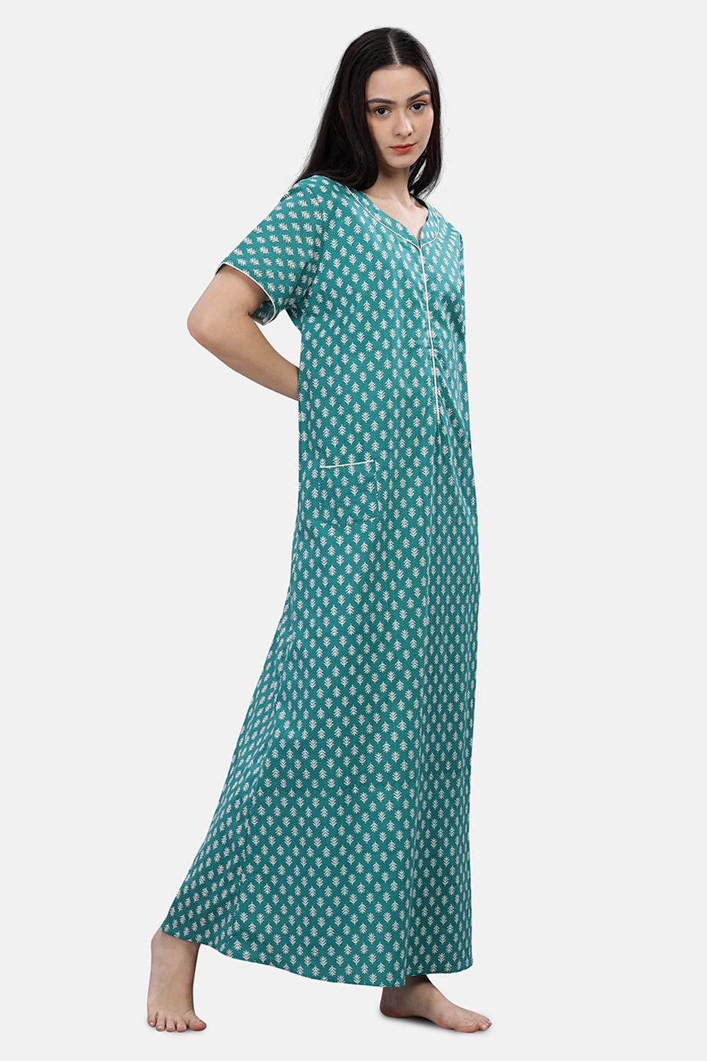 Naidu Hall  Round Neck Short Sleeve Printed Nighty - Green - NT71