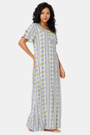 Naidu Hall  Round Neck Box Pleatted Short Sleeve Printed Nighty-White - NT44
