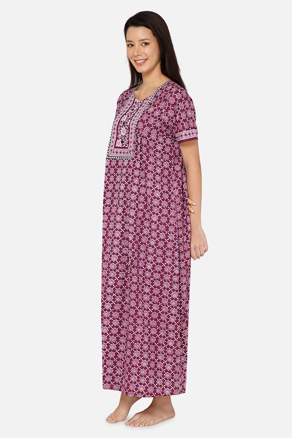 Naidu Hall A-line Women's Nighty Full Length Half Sleeve  - Purple - R136