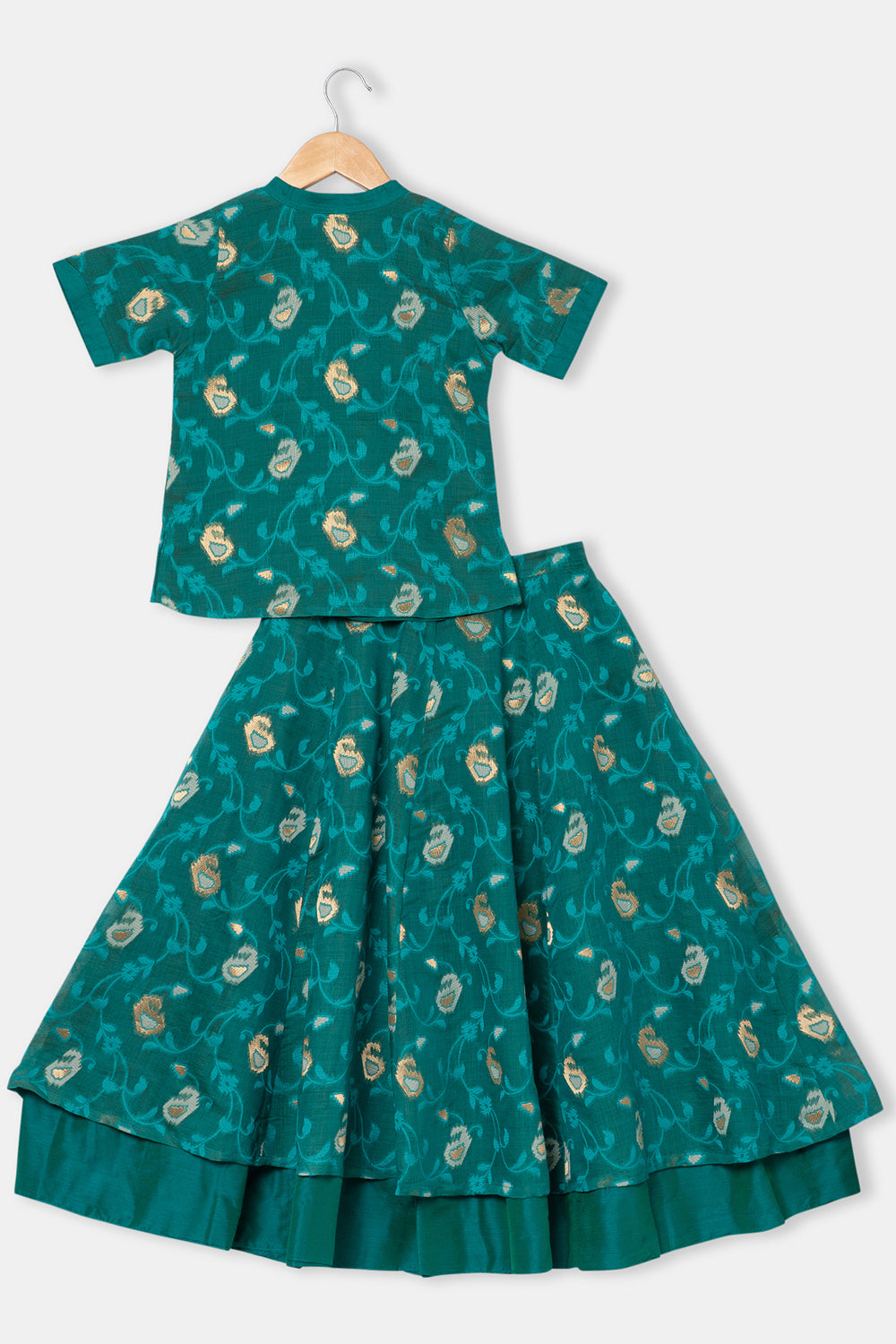 Chittythalli Girl's Ethnic Pavadai Set Round Neck Top with Shoulder Tie-Ups Sequin Embroidery & Kali Skirt - Teal Green - PS70