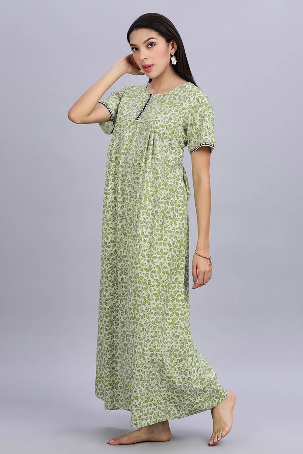 Naidu Hall Women's A-Line Nighty with Round Neck Front Button Placket and Lace Detailed Yoke - Green - NA09