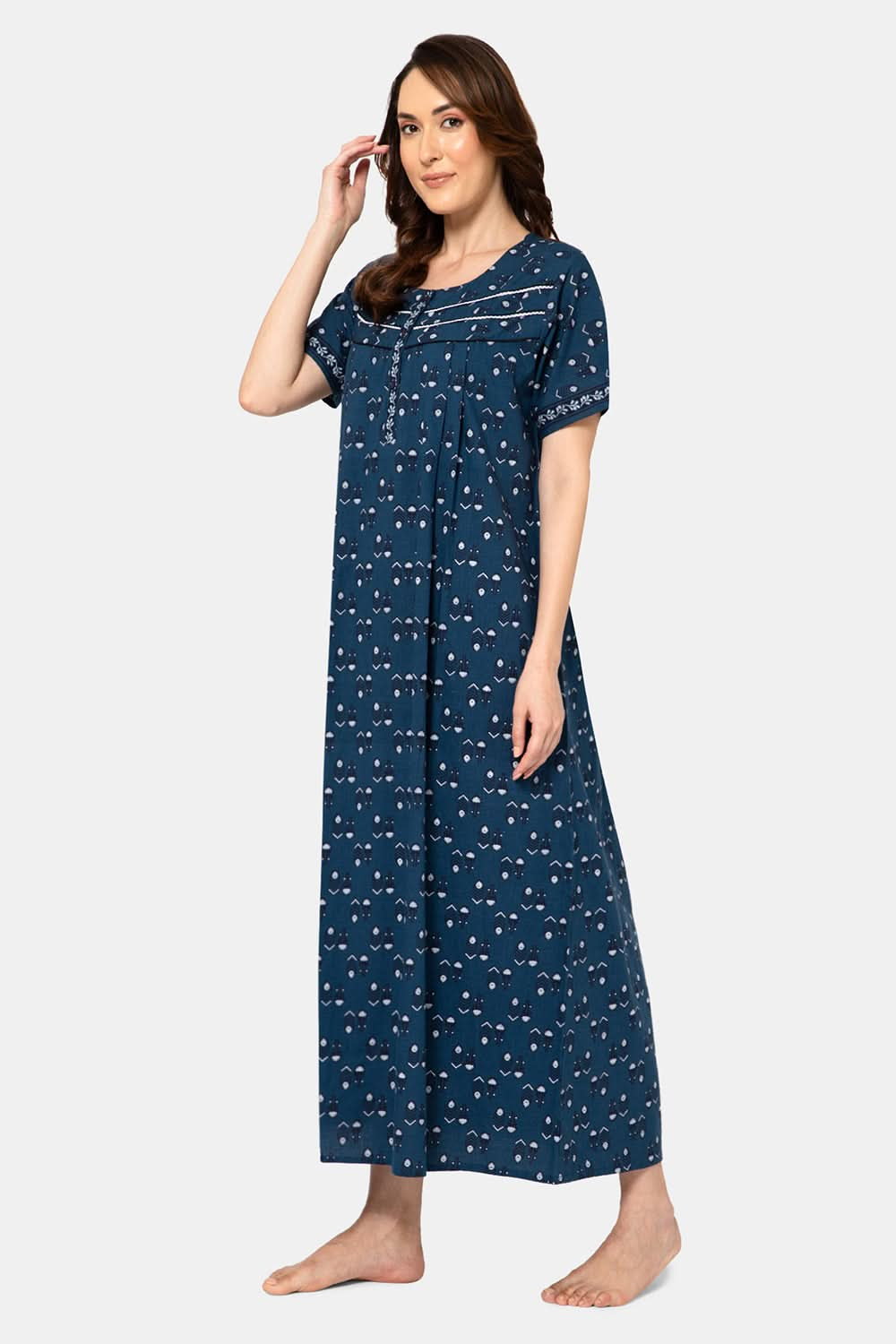 Naidu Hall  Women's A-Line Nighty with Round Neck, Front Opening, Half Sleeves, and Lace Detailing  - Indigo - NA13