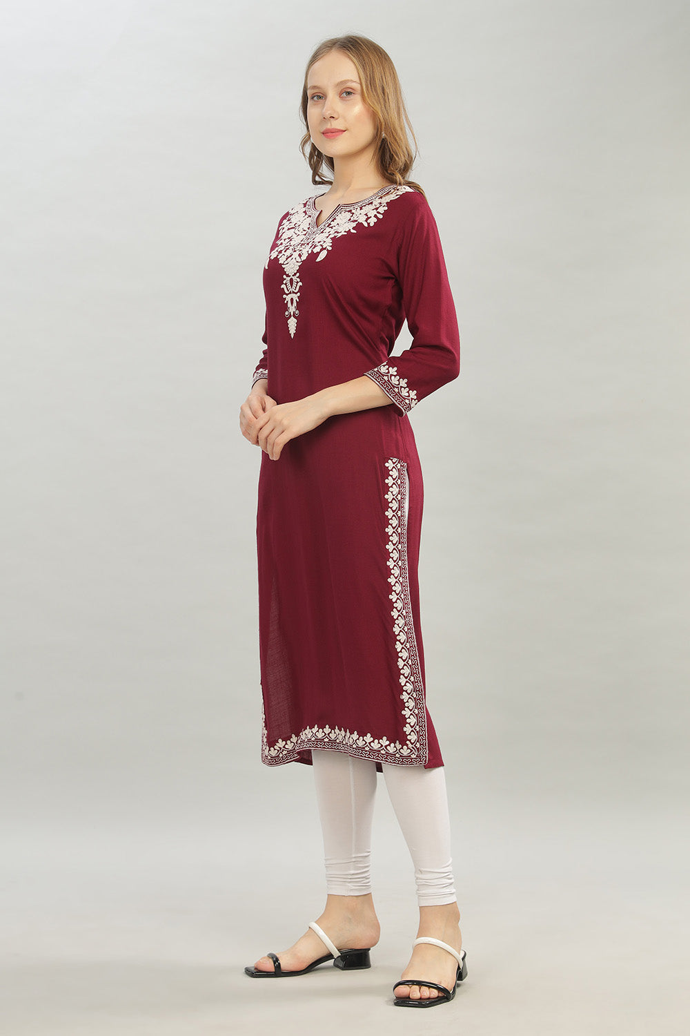 Mythri V Neck Straight Cut Kurta with 3/4 Sleeves - Maroon - KU45