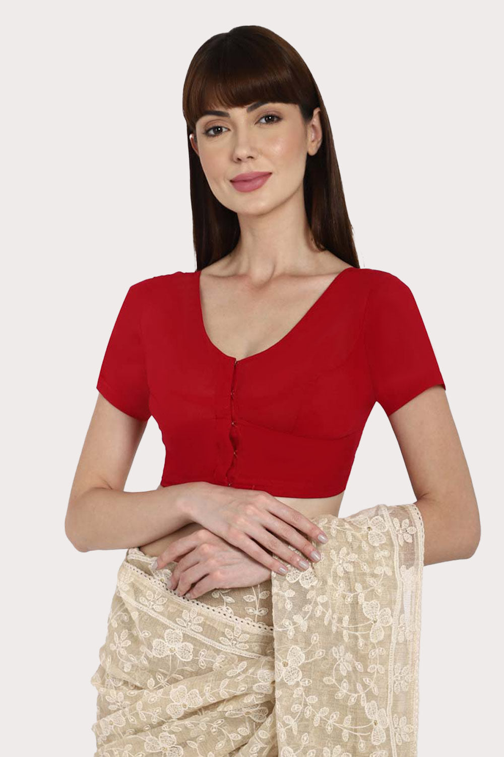 Naidu Hall Full Coverage Non-Padded Round Neck Short Sleeve Cotton Blouse - Dark Red