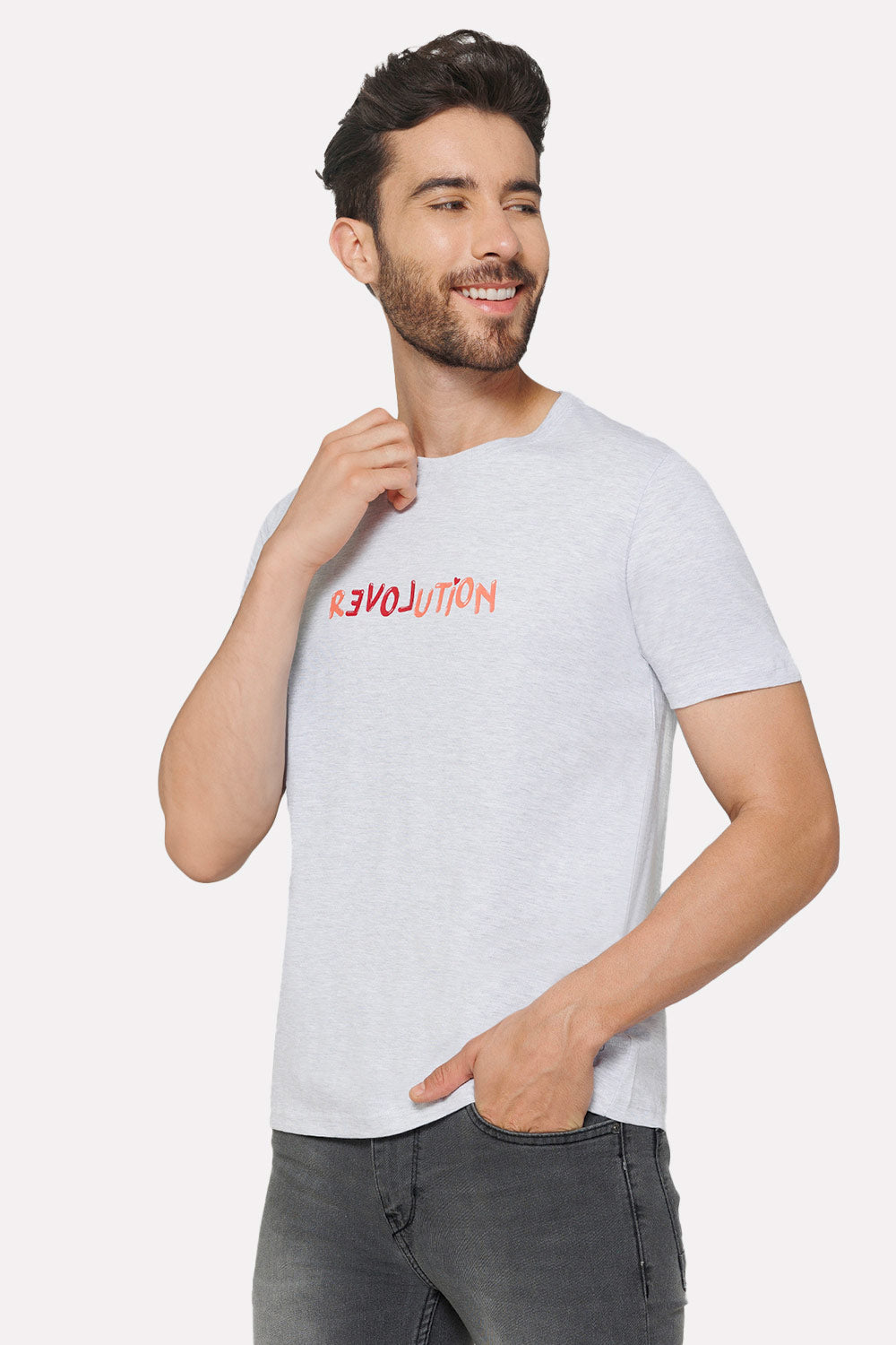 Enhance Men's Printed Crew Neck Casual T-Shirt - Grey - TS32