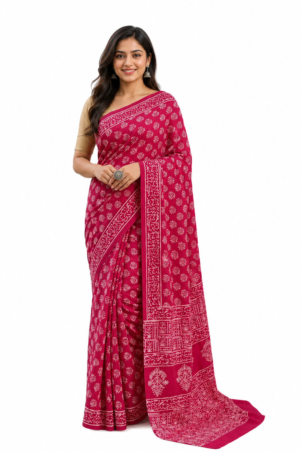 Naidu Hall Women's Maroon Jaipur Print Cotton Blend Saree with Blouse | Lightweight Ethnic Wear Saree - WS07