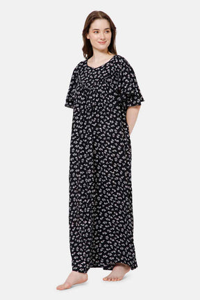 Naidu Hall All Over Printed Nighty with Butterfly Sleeves Diamond Neck - Black print-2 - NT37