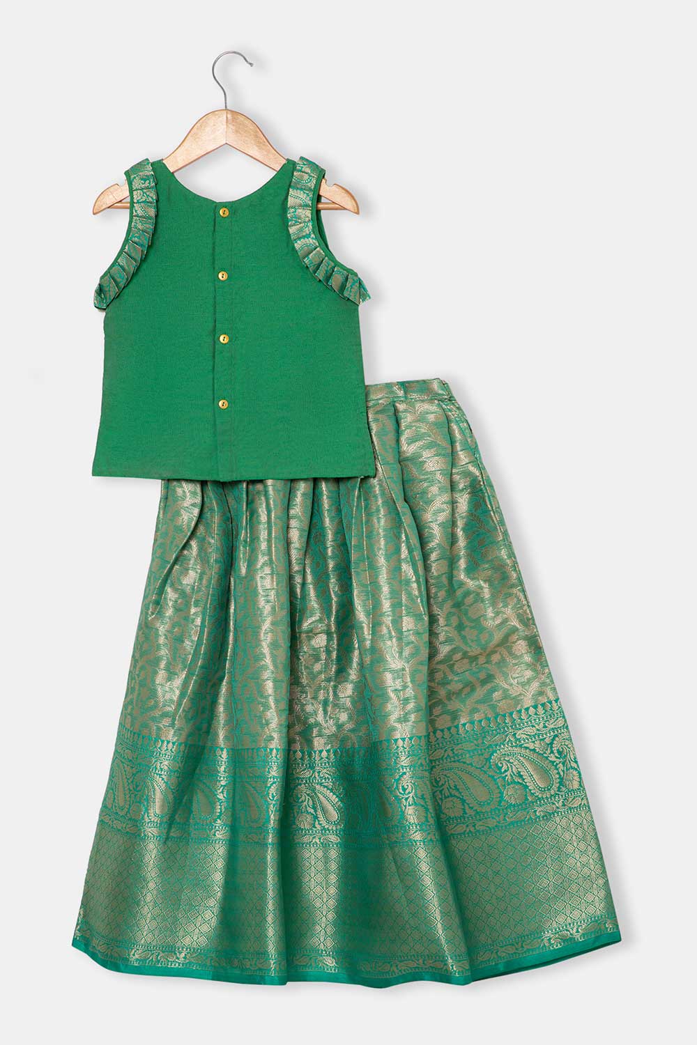 Chittythalli Girls Pavadai Set – Cotton Blend Box Pleated Skirt with Embroidered Butta Blouse - Green - PS47