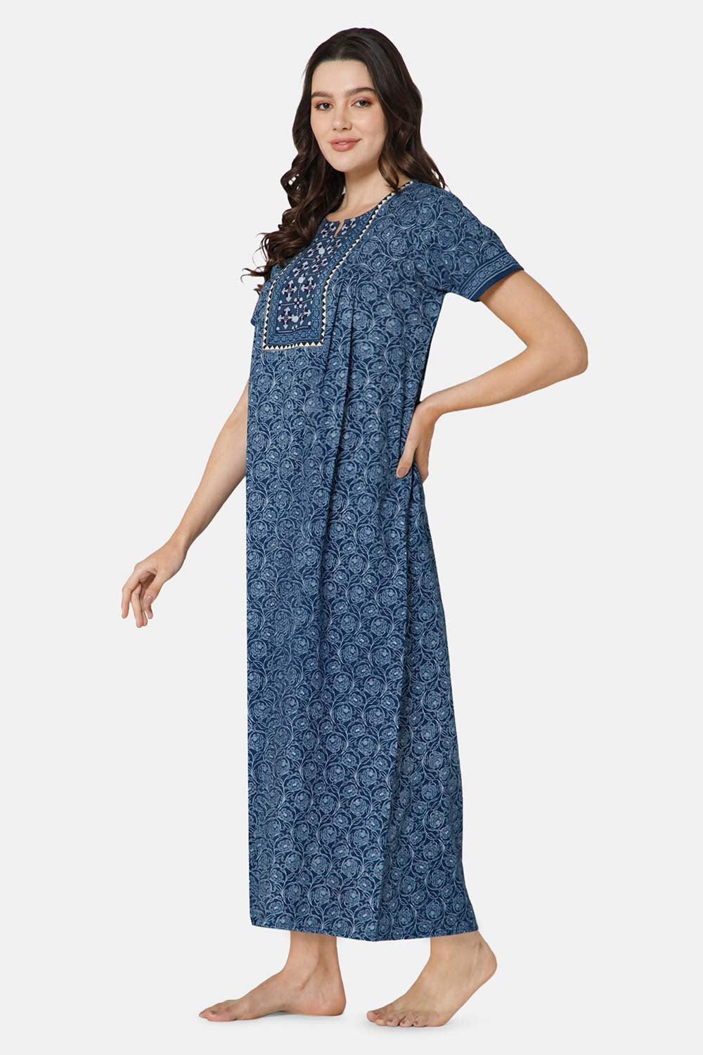 Naidu Hall A-line Women's Nighty Full Length Half Sleeve  - Blue - R136