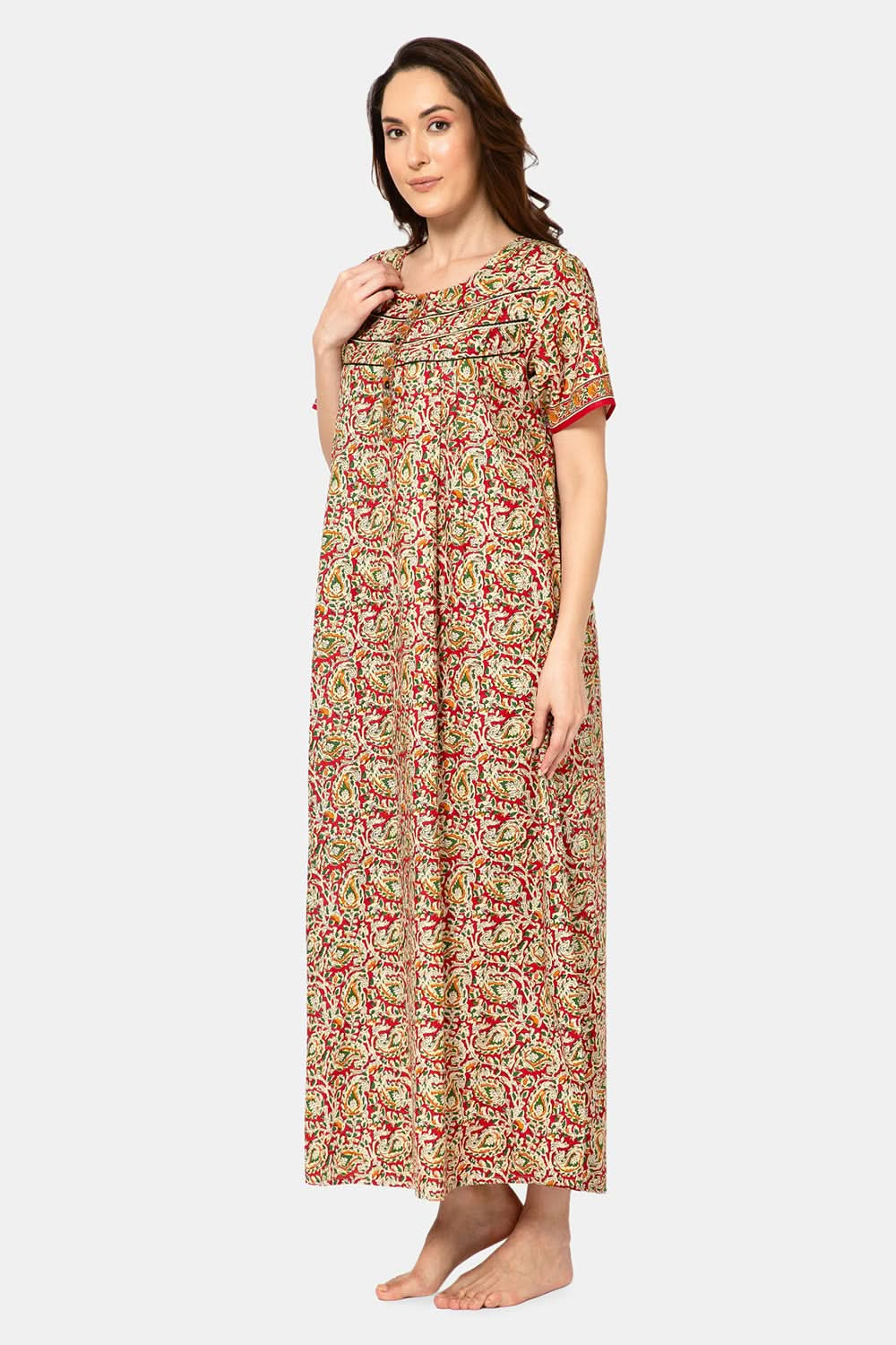 Naidu Hall  Women's A-Line Nighty with Round Neck, Front Opening, Half Sleeves, and Lace Detailing  - Red - NA14