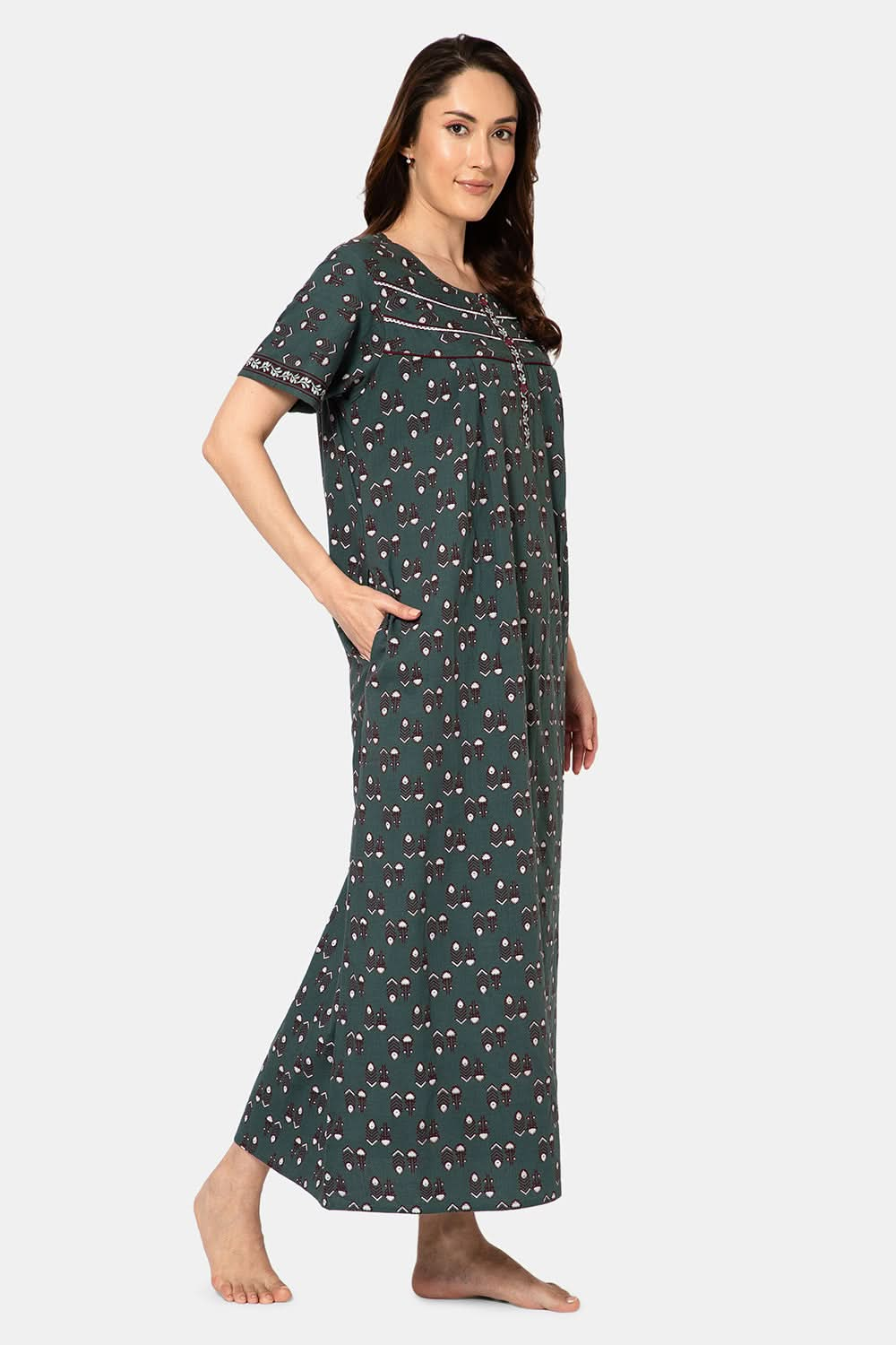 Naidu Hall  Women's A-Line Nighty with Round Neck, Front Opening, Half Sleeves, and Lace Detailing  - Ash Green - NA13