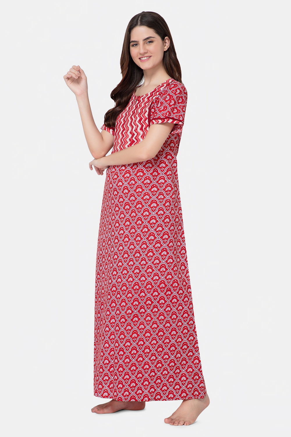 Naidu Hall Round Neck Half Sleeve Pull-On Nighty - Red - NT24