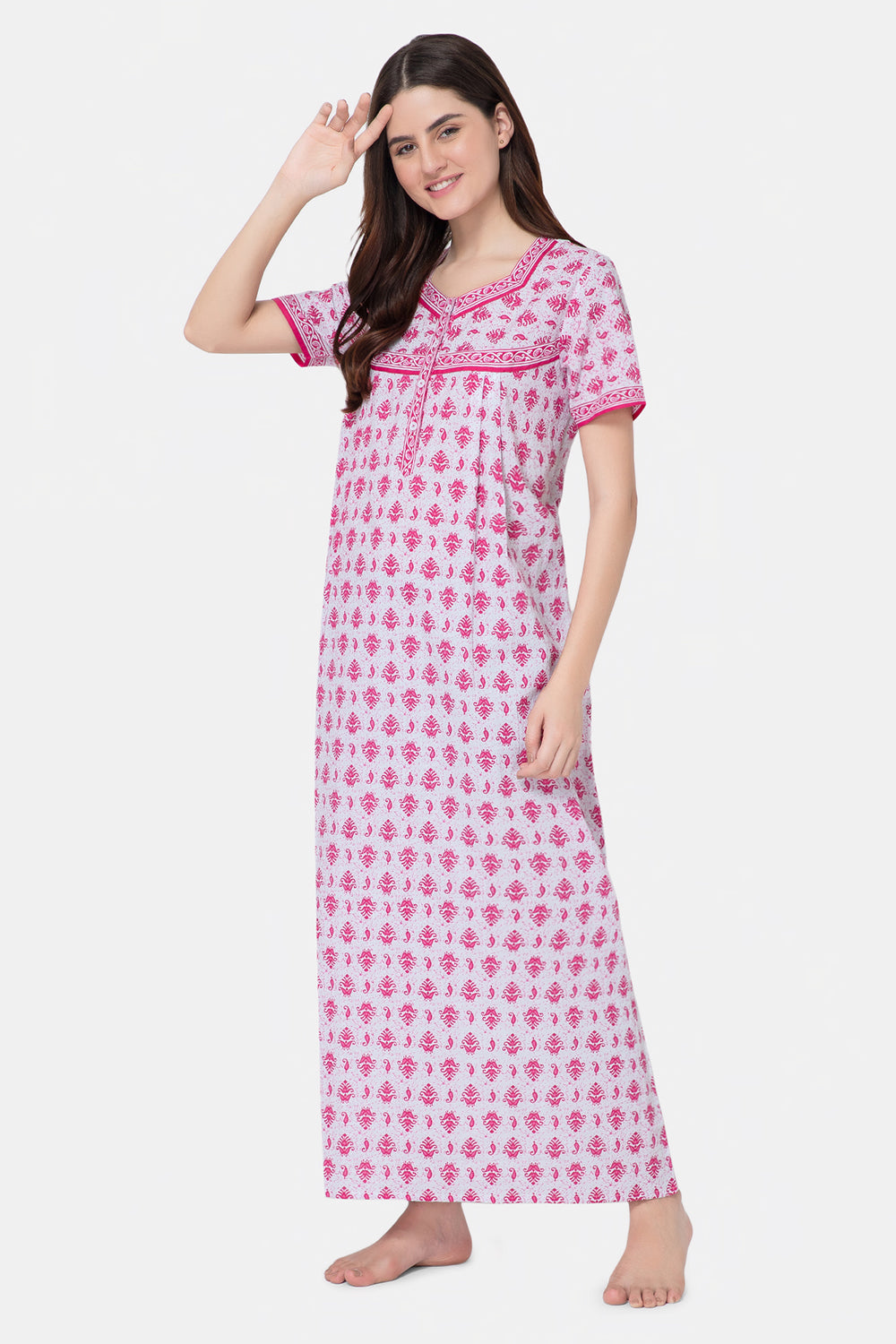 Naidu Hall Round Neck Half Sleeve Front Button Open Nighty - Pink - NT08