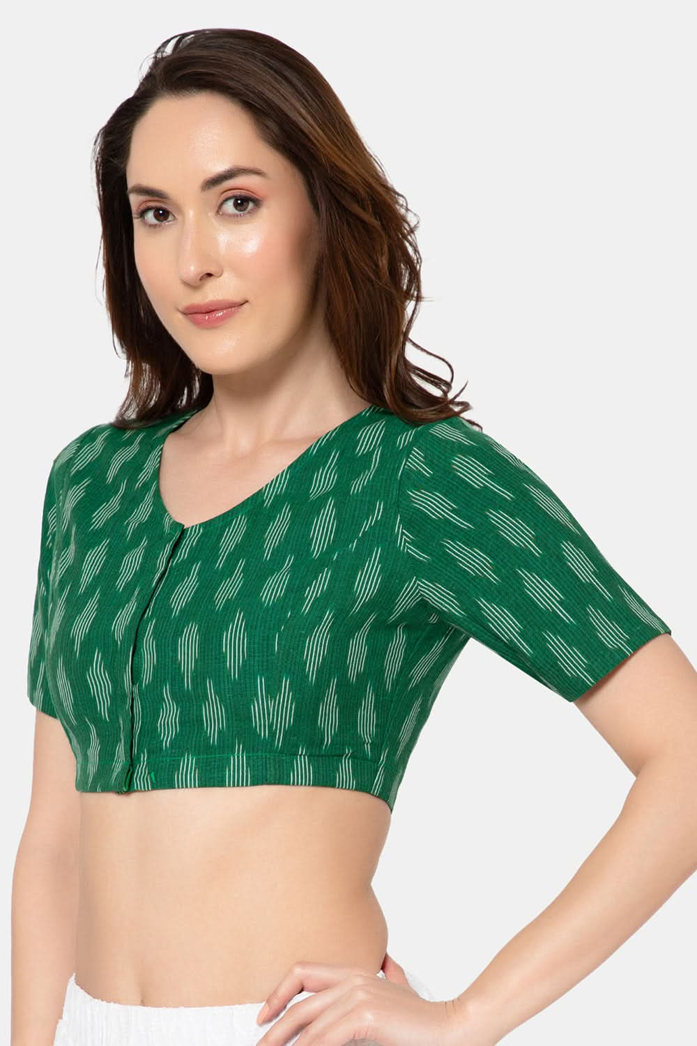 Naidu Hall Designer Cotton Ikat Blouse for Women with V-Neck, Front Open, and Soft Lining  - Green - BU15