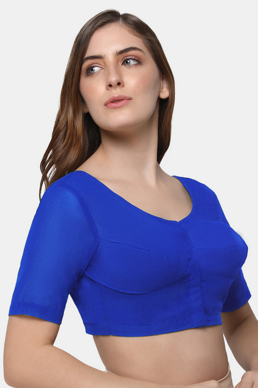 Naidu Hall Women's 2x2 Cotton Saree Blouse | Readymade Round Neck Elbow Sleeve Woven Cotton Blouse | Plain Traditional Blouse for Cotton, Handloom, Linen & Silk Cotton Sarees - RNRE