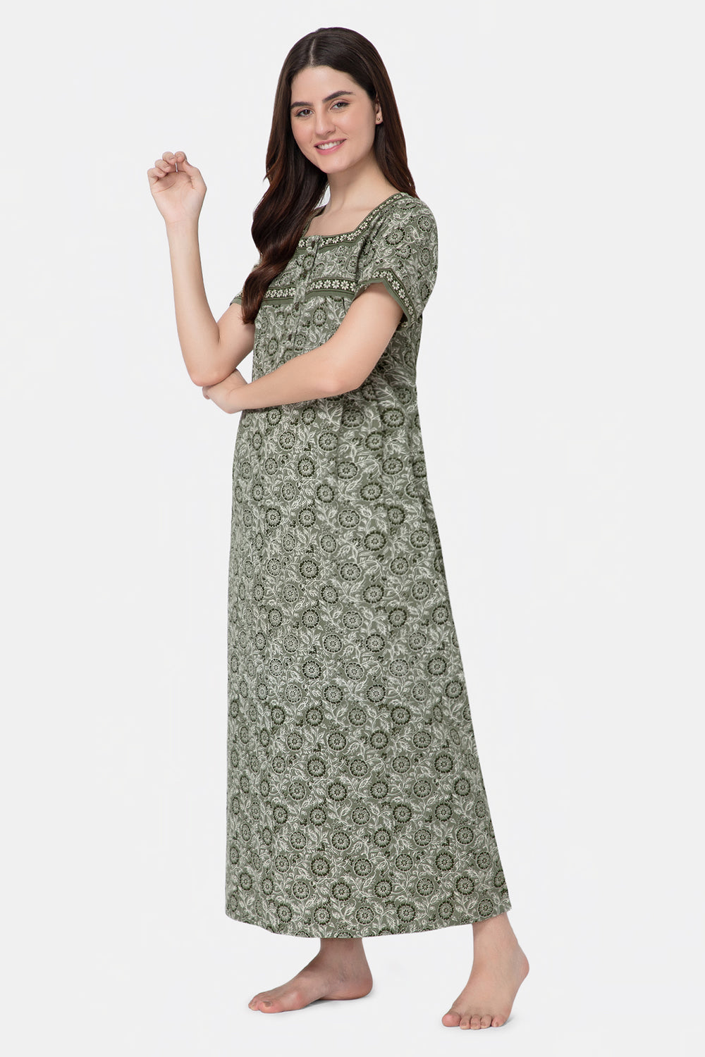 Naidu Hall Square Neck Half Sleeve Front Button Open Nighty - Green - NT09