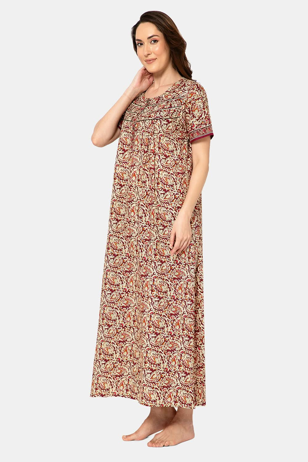 Naidu Hall  Women's A-Line Nighty with Round Neck, Front Opening, Half Sleeves, and Lace Detailing  - Maroon - NA14